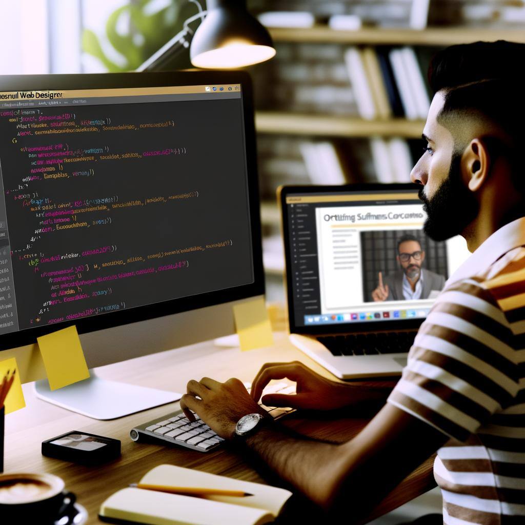 An image of a professional web designer working on a small business website, focusing on updating software and plugins, optimizing images, and ensurin-1